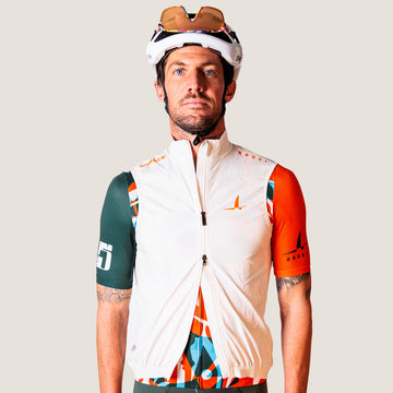 Rider wearing the Floragami Cycling Vest unzipped over the Floragami jersey