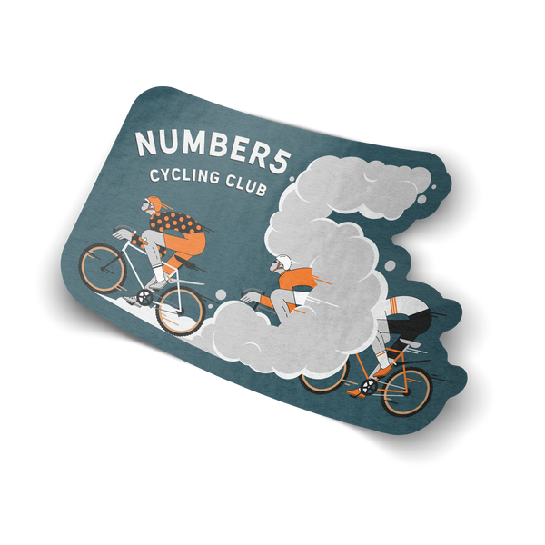 Country Buffet sticker, two cyclists riding through a dust cloud shaped like a 5